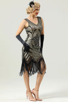 Load image into Gallery viewer, Black V Neck Sequin 1920s Flapper Dress