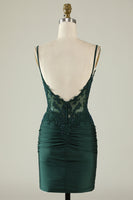 Load image into Gallery viewer, Dark Green Spaghetti Straps Tight Short Homecoming Dress with Beading