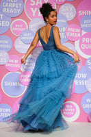 Load image into Gallery viewer, Peacock Blue A Line V Neck Tulle Long Prom Dress