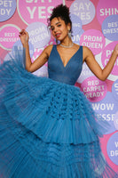 Load image into Gallery viewer, Peacock Blue A Line V Neck Tulle Long Prom Dress