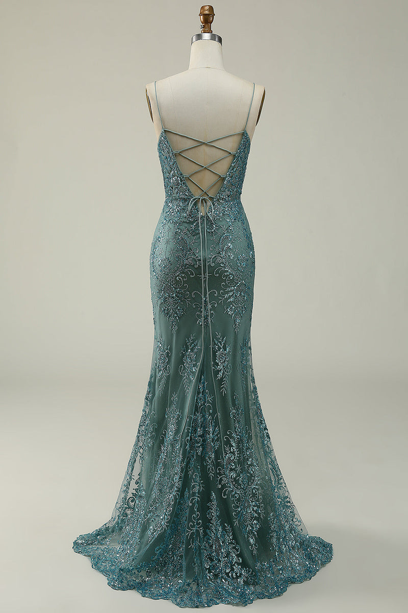 Load image into Gallery viewer, Mermaid Spaghetti Straps Green Long Prom Dress with Split Front