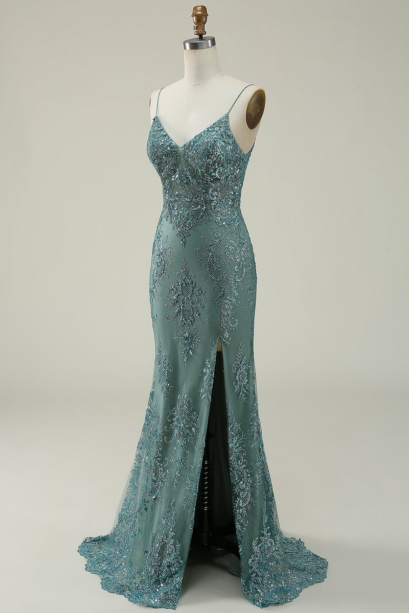 Load image into Gallery viewer, Mermaid Spaghetti Straps Green Long Prom Dress with Split Front