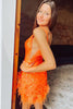 Load image into Gallery viewer, Sparkly Orange V Neck Sequined Homecoming Dress with Feather