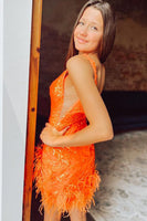 Load image into Gallery viewer, Sparkly Orange V Neck Sequined Homecoming Dress with Feather