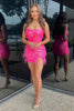Load image into Gallery viewer, Sparkly Fuchsia Spaghetti Straps Tight Homecoming Dress with Feathers