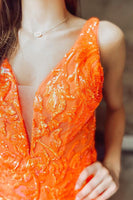 Load image into Gallery viewer, Sparkly Orange V Neck Sequined Homecoming Dress with Feather
