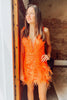 Load image into Gallery viewer, Sparkly Orange V Neck Sequined Homecoming Dress with Feather