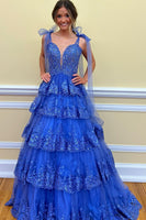 Load image into Gallery viewer, Light Blue Spaghetti Straps Tiered Tulle Sequin Prom Dress with Appliques