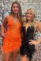 Load image into Gallery viewer, Sparkly Orange V Neck Sequined Homecoming Dress with Feather