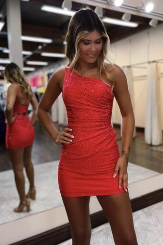 Sparkly Red Sequins One Shoulder Tight Short Homecoming Dress