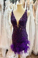 Load image into Gallery viewer, Sparkly Orange V Neck Sequined Homecoming Dress with Feather