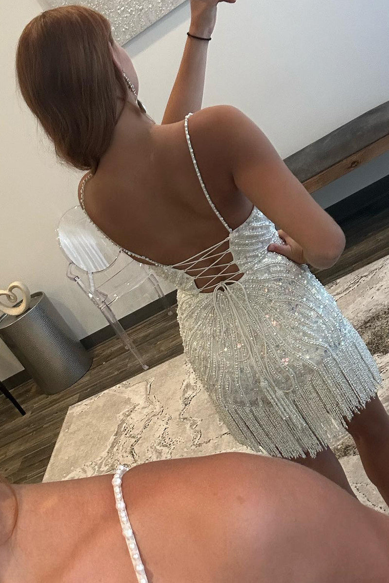 Load image into Gallery viewer, Sparkly Peacock Blue Beaded Tight Short Homecoming Dress with Fringes
