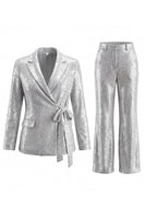 Load image into Gallery viewer, Sparkly Silver 2 Piece Sequins Notched Lapel Women Prom Suits