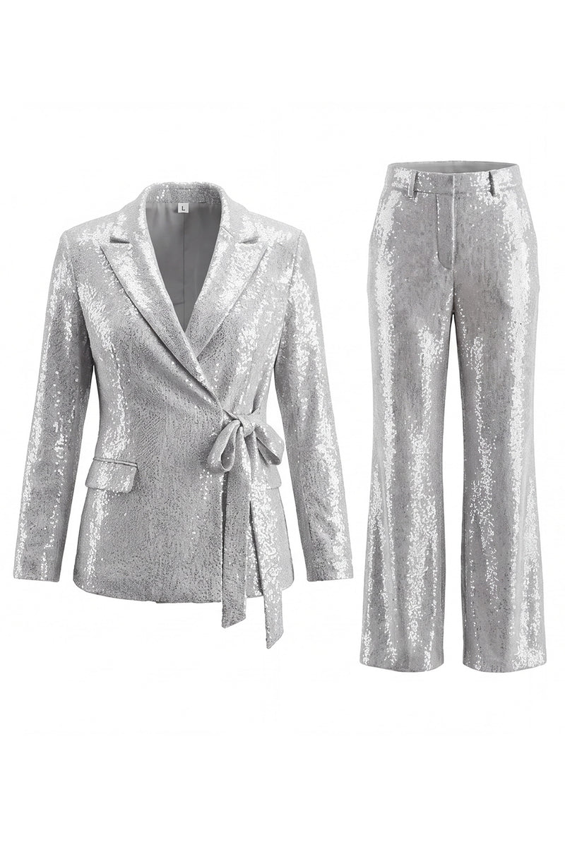 Load image into Gallery viewer, Sparkly Silver 2 Piece Sequins Notched Lapel Women Prom Suits