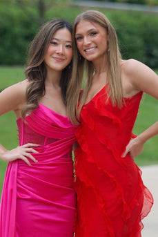 Spaghetti Straps Red Backless Prom Dress with Slit and Ruffles