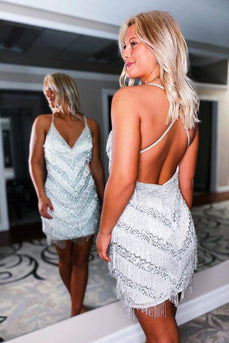 Sparkly Silver Sequins Tight Short Homecoming Dress with Fringes