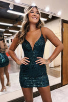 Load image into Gallery viewer, Dark Red Spaghetti Straps Bodycon Homecoming Dress with Sequins