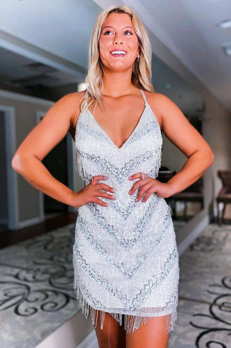 Sparkly Silver Sequins Tight Short Homecoming Dress with Fringes