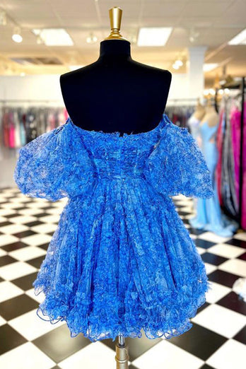 A-Line Fuchsia Corset Puff Sleeves Homecoming Dress with Ruffles