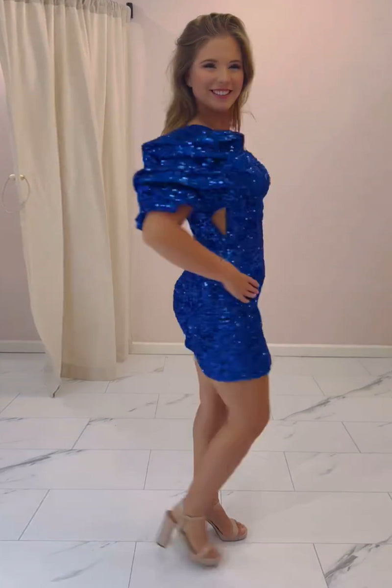 Load image into Gallery viewer, Sparkly Royal Blue One Shoulder Bodycon Homecoming Dress with Slit
