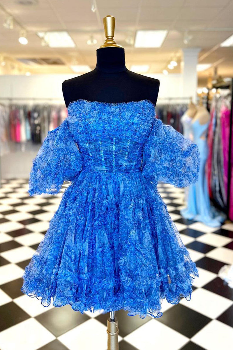 Load image into Gallery viewer, A-Line Fuchsia Corset Puff Sleeves Homecoming Dress with Ruffles