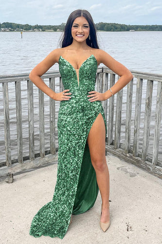 Sparkly Green Sheath Sequins Long Prom Dress with Slit