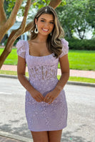 Load image into Gallery viewer, Square Neck Purple Bodycon Corset Homecoming Dress with Appliques