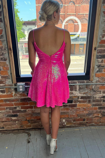 Sparkly A Line Fuchsia Short Homecoming Dress with Sequins