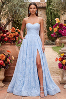 Load image into Gallery viewer, Sparkly Blue A-Line Sweetheart Beaded Floral Long Prom Dress with Slit