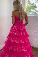 Load image into Gallery viewer, Glitter Fuchsia A Line Off the Shoulder Lace Long Corset Prom Dress