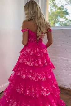 Glitter Fuchsia A Line Off the Shoulder Lace Long Corset Prom Dress