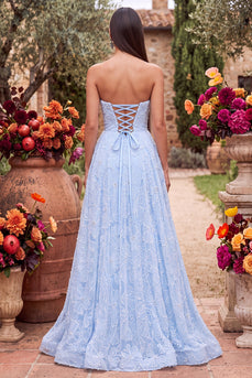 Sparkly Blue A-Line Sweetheart Beaded Floral Long Prom Dress with Slit