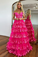 Load image into Gallery viewer, Glitter Fuchsia A Line Off the Shoulder Lace Long Corset Prom Dress