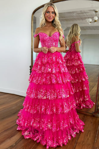 Glitter Fuchsia A Line Off the Shoulder Lace Long Corset Prom Dress