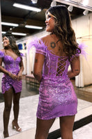 Load image into Gallery viewer, Purple Off The Shoulder Corset Sequined Homecoming Dress with Feather