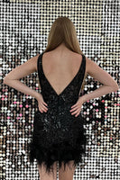 Load image into Gallery viewer, Sparkly Orange V Neck Sequined Homecoming Dress with Feather