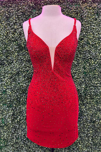 Sparkly Red Spaghetti Straps Bodycon Homecoming Dress with Beading