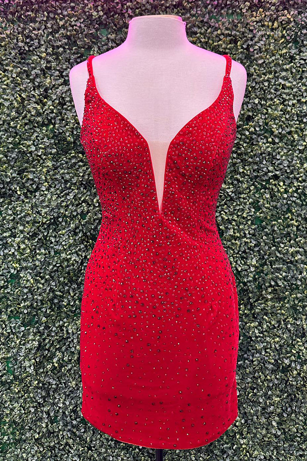 Sparkly Red Spaghetti Straps Bodycon Homecoming Dress with Beading