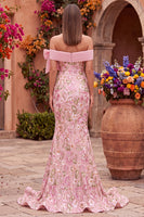 Load image into Gallery viewer, Sparkly Pink Mermaid Off the Shoulder Floral Long Sequins Prom Dress with Bow
