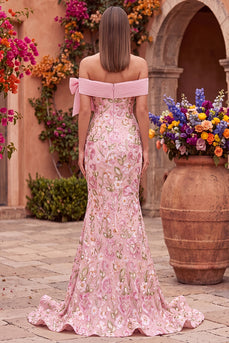Sparkly Pink Mermaid Off the Shoulder Floral Long Sequins Prom Dress with Bow