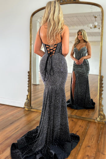 Sparkly Black Mermaid Beaded Long Corset Prom Dress With Slit