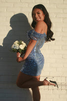 Load image into Gallery viewer, Sparkly Grey Blue Off The Shoulder Bodycon Homecoming Dress with Sequins