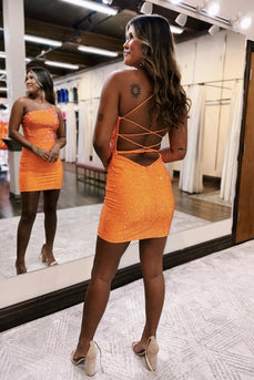 Sparkly Orange One Shoulder Bodycon Homecoming Dress with Beading