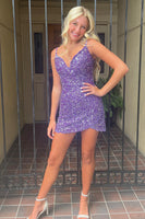 Load image into Gallery viewer, Sparkly Purple Spaghetti Straps Bodycon Homecoming Dress with Sequins