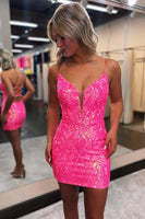 Load image into Gallery viewer, Fuchsia Spaghetti Straps Bodycon Homecoming Dress with Criss Cross Back