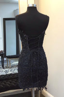 Load image into Gallery viewer, Sparkly Black Bodycon Spaghetti Straps Short Corset Homecoming Dress with Lace