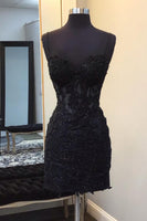 Load image into Gallery viewer, Queendancer Women Sparkly Black Short Corset Homecoming Dress with Lace Bodycon Spaghetti Straps Lace Up Back Cocktail Dress