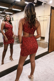 Red Sparkly One Shoulder Bodycon Homecoming Dress with Sequins