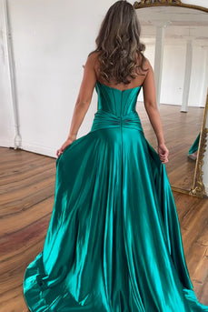 Dark Green A Line Satin Long Corset Prom Dress With Slit