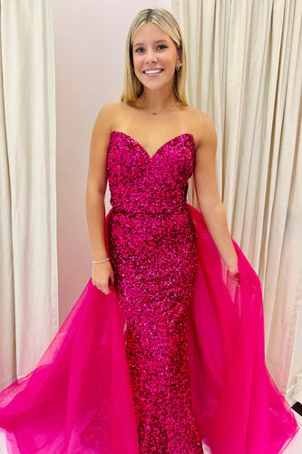 Sparkly Fuchsia A Line Sweetheart Sequins Long Prom Dress